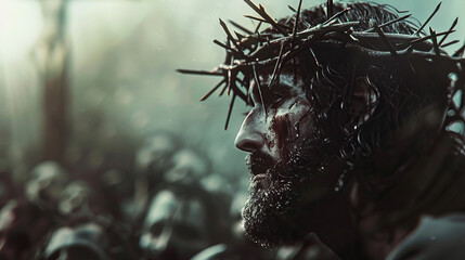Wall Mural - A man with a crown of thorns on his head and blood dripping from his face