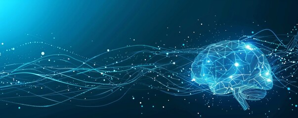 Poster - abstract digital brain with glowing lines and futuristic elements on a blue background of abstract a