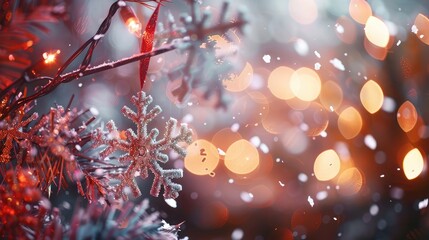 Wall Mural - Delicate snowflakes gently falling against a backdrop of festive decorations, creating a picturesque scene of holiday enchantment. 8k, realistic, full ultra HD, high resolution, and cinematic
