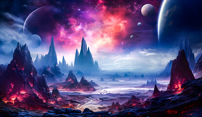 Wall Mural - Futuristic planet landscape with rocky terrain, glowing elements, and multiple planets in the night sky. A sci-fi scene perfect for space exploration and cosmic adventure wallpaper background