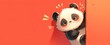 A cute panda peeking out from behind the red wall, creating an adorable and playful visual with its fluffy fur against the vibrant background. 
