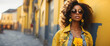 Young beautiful black girl, wearing sunglasses, stylishly dressed with yellow flowers. Concept, summer bright style, copy space, template, banner.
