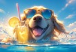 A cute dog wearing sunglasses and holding an ice drink is lying on the beach, with its tongue hanging out under bright sunlight. 