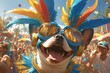 A cute French Bulldog dressed in colorful carnival attire, with feathers and gold chains around its neck, is dancing at the Rio Carnival. 