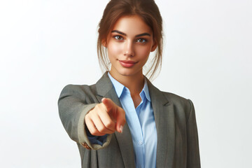 Approachable young professional woman in jacket choosing you isolated on white background