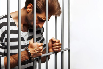 man in prison, desperate criminal holding jail bars feeling regret for committing crime