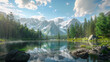 A breathtaking scene of a serene lake surrounded by majestic mountains, lush green meadows, big stones and a clear sky, reflecting nature's beauty and peacefulness.