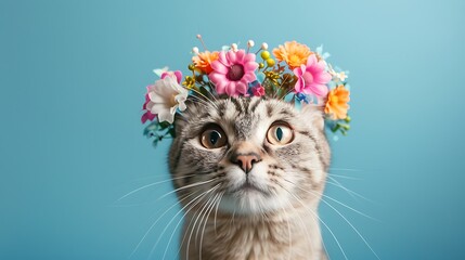 cute fluffy tabby white shorthair cat wearing flower crown on head looking at camera on blue background