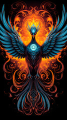 Wall Mural - Blue phoenix wallpaper for smartphone with black background, bird background with fire around it