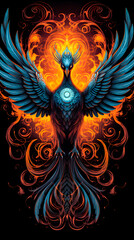 Sticker - Blue phoenix wallpaper for smartphone with black background, bird background with fire around it