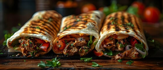 Wall Mural - Savory Grilled Shawarma Feast, Ready to Delight. Concept Grilled Shawarma Recipe, Delicious Middle-Eastern Cuisine, Easy Dinner Ideas, Shawarma Spice Blend