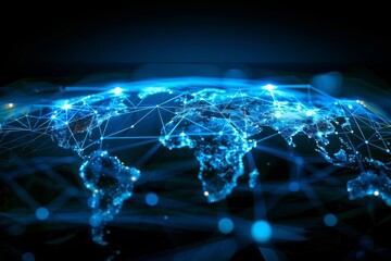 Poster - abstract global network concept with a blue world map and polygonal grid on a dark background, techn