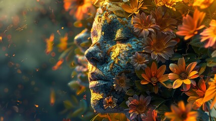 Wall Mural - a statue of a woman surrounded by flowers and leaves