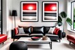 Blick in ein modernes Wohnzimmer mit abstrakten Bilder und einer Ledergarnitur - KI generiert
