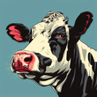 A cow portrait in a bold graphic style with prominent black and white contrasts