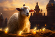The sacrificial sheep eid adha mubarak is surrounded by candles with a palace background.  Domba Qurban idul adha for muslim