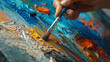 An painters hand with a brush makes brushstrokes with oil paint.