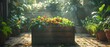 Sunlit Garden Harvest Box Amidst Lush Greenery. Concept Nature Photography, Organic Farming, Fresh Produce, Sustainable Living, Gardening Hobby