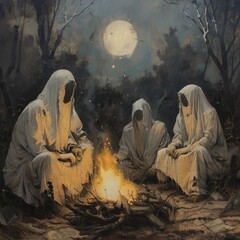 Sticker - a group of people in white robes sitting around a campfire