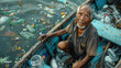 An elderly fisherman sitting in his boat, surrounded by plastic bottles and trash instead of fish