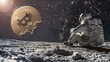 astronaut sitting on surface of the moon contemplates the rise of the planet with a Bitcoin symbol