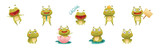 Fototapeta Dinusie - Funny Green Frog Character Engaged in Different Activity Vector Set