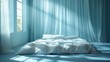   In a room with blue walls, a bed is dressed with a white comforter A white drapery adorns the windowsill