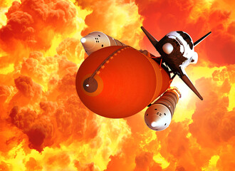 Wall Mural - space shuttle launch in the clouds of fire. 3d illustration.