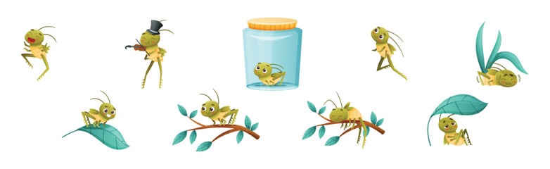 Sticker - Cute Little Grasshopper Engaged in Various Activity Vector Set