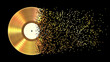 Iridescent gold vinyl disk crumbles into pixels. 3d illustration.