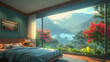   A bed facing a bedroom window with mountain and flower views outside