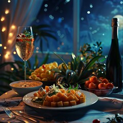 Wall Mural - a plate of food and a wine glass on a table