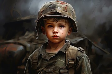 Wall Mural - Determined Soldier kid in ruined city building. Destroyed town and damaged city infrastructure. Generate ai