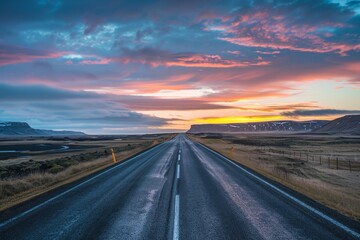 a road with a sunset in the background