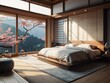 Japanese style bedroom interior design, simple style and cherry blossom tree outside the window