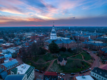 Aerial View Of Historic Downtown Annapolis With Maryland State House, St. John's College, Maryland, United States.