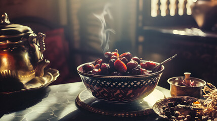 Wall Mural - Cup of tea and dry dates on saucer ready to eat for iftar time. Islamic religion and ramadan concept