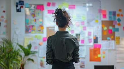 a woman looking at a bulletin board