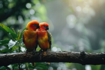 Wall Mural - Tropical birds sitting on a tree branch in the rainforest