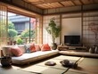Sofa and japanese style living room with garden outside the window 