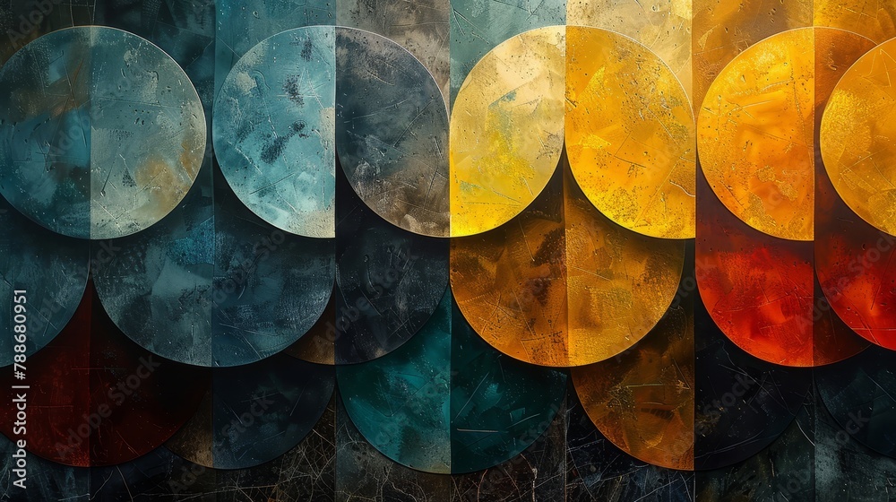 A painting featuring an array of circles, varying in color and size ...