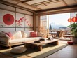 Interior of a Japanese-style living room with a wooden sofa, a coffee table and a view of Mount Fuji