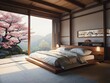Japanese style bedroom interior design, simple style and cherry blossom tree outside the window