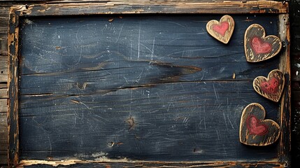   A wooden picture frame, heart shapes carved and painted red on its inner surface