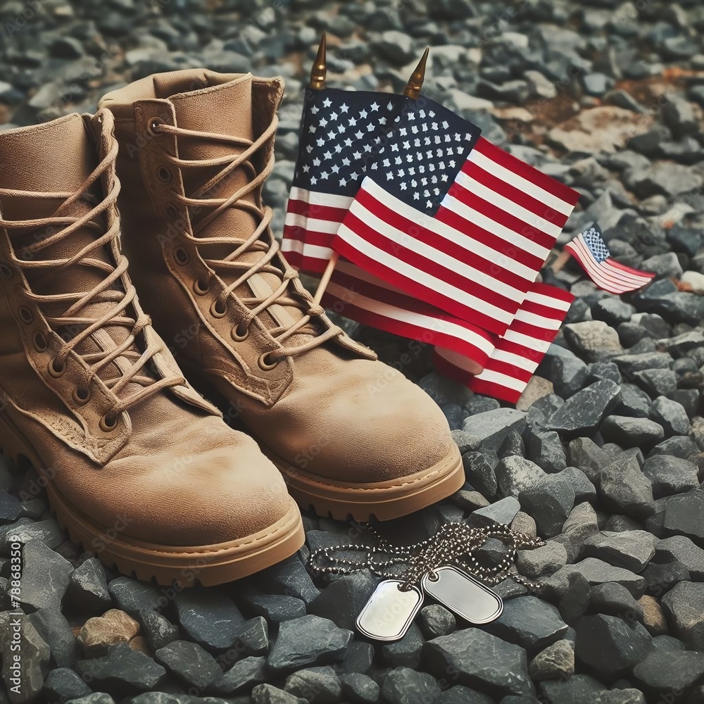 Old military combat boots with dog tags and two small American flags ...