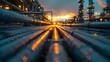 Industrial Symphony at Dusk: Pipes against the Sunset Glow. Concept Architecture, Industrial Design, Sunset Photography, Symphonic Settings