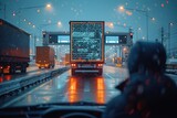 Fototapeta  - A semi-truck driver approaching a toll booth on a busy highway, ready to pay the required fee