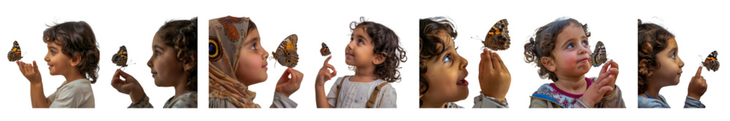 Curious Middle Eastern child admiring butterfly on fingertip cut out png on transparent background