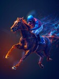 Fototapeta Natura - Horse Racing jockey in action made of polygon Al neon network, blue and orange tones, on dark blue background