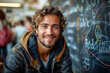 © Creative Clicks - A man with curly hair is smiling at the camera in front of a chalkboard with a l